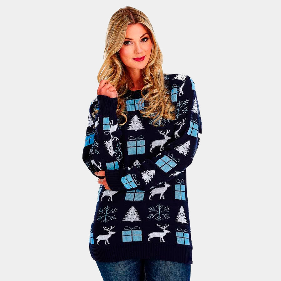 Pull de Noël Bleu Femme Rennes, Cadeaux et Sapins