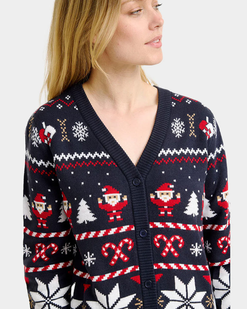 Pull de Noël Cardigan Femme Bleu avec Étoiles Polaires