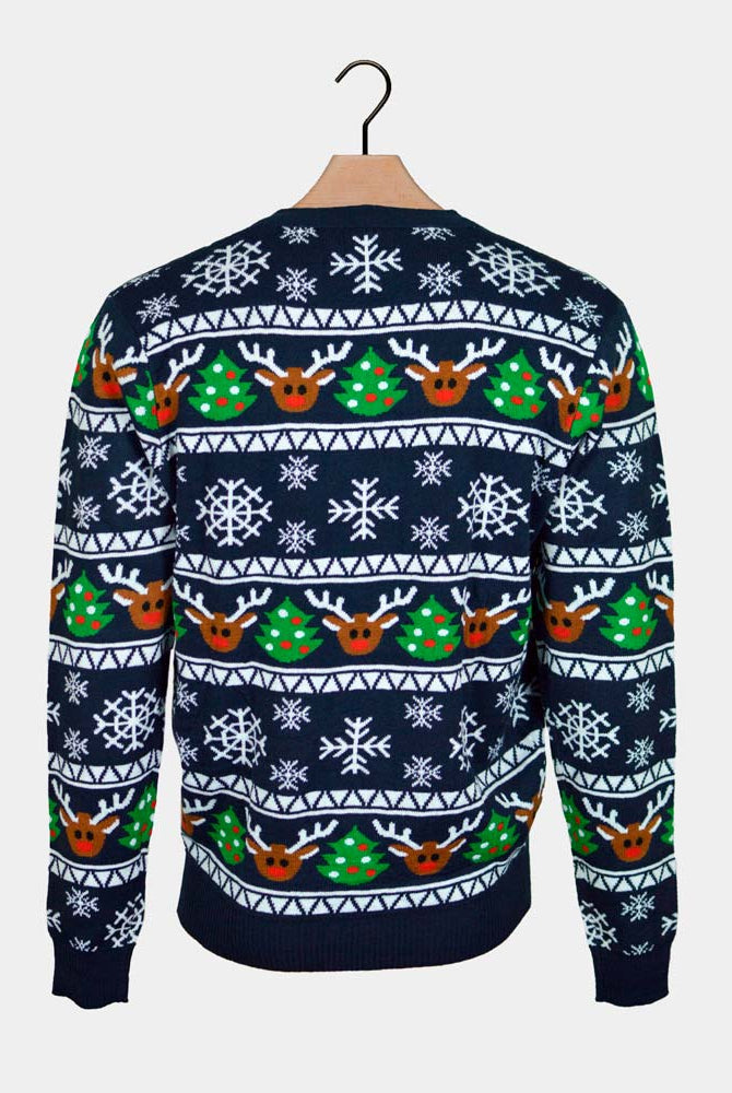 Pull de Noël Cardigan Couple Bleu Rennes et Sapins de Noël