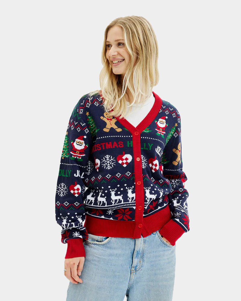 Pull de Noël Cardigan Bleu et Rouge pour Femme
