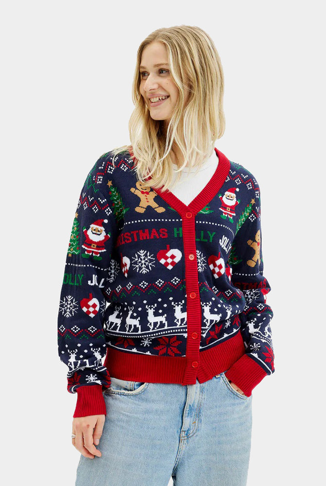 Pull de Noël Cardigan Bleu et Rouge pour Femme