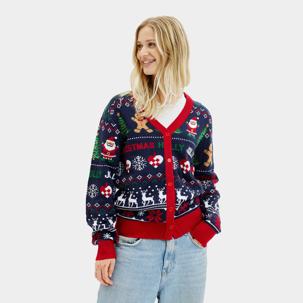 Pull de Noël Cardigan Bleu et Rouge pour Femme
