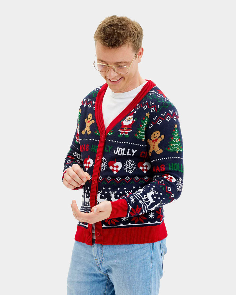 Pull de Noël Cardigan Bleu et Rouge pour Homme