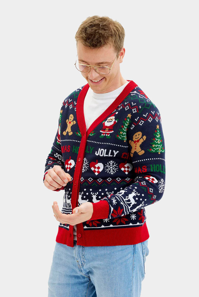 Pull de Noël Cardigan Bleu et Rouge pour Homme