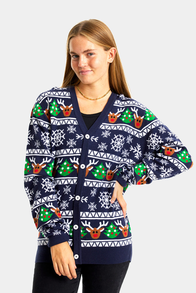 Pull de Noël Cardigan pour Couple Bleu avec Rennes et Sapins de Noël femme