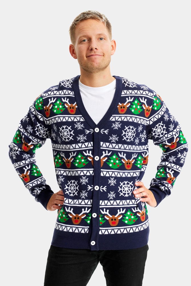 Pull de Noël Cardigan pour Couple Bleu avec Rennes et Sapins de Noël homme