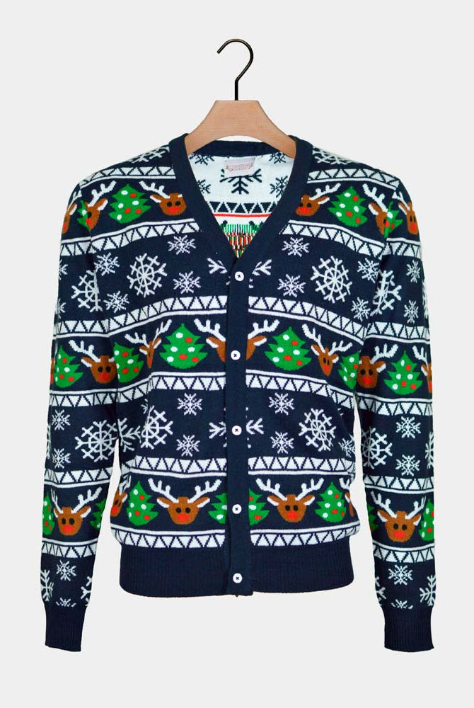 Pull de Noël Cardigan pour Couple Bleu avec Rennes et Sapins de Noël