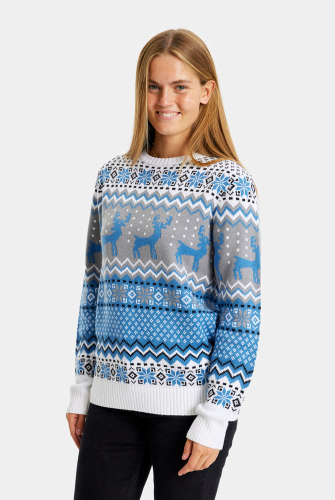 Pull de Noël Chic pour Couple Blanc, Gris et Bleu avec Rennes femme