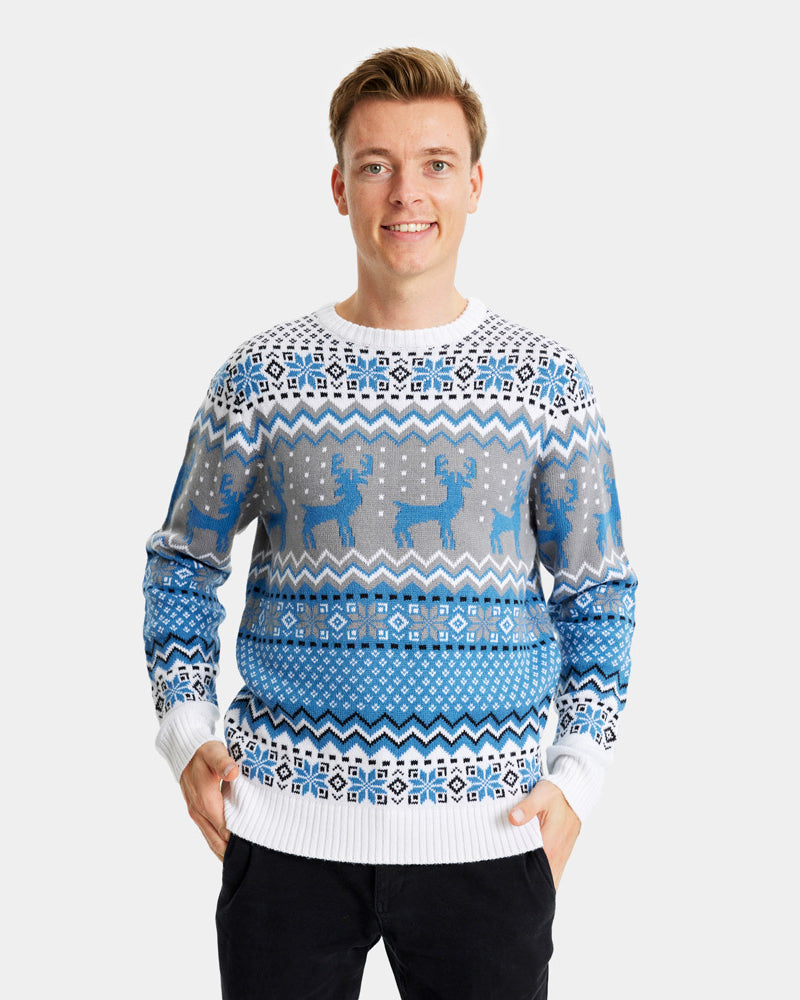 Pull de Noël Chic pour Couple Blanc, Gris et Bleu avec Rennes homme