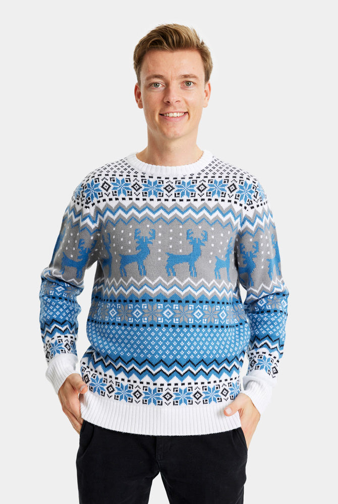 Pull de Noël Chic pour Couple Blanc, Gris et Bleu avec Rennes homme