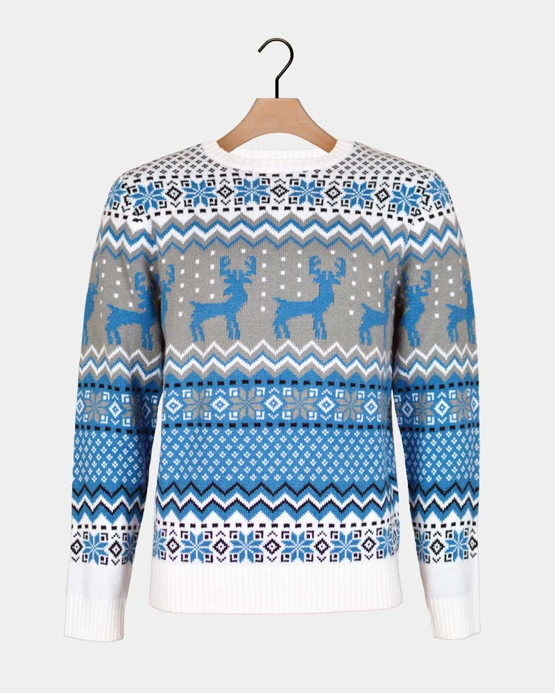 Pull de Noël Chic pour Couple Blanc, Gris et Bleu avec Rennes