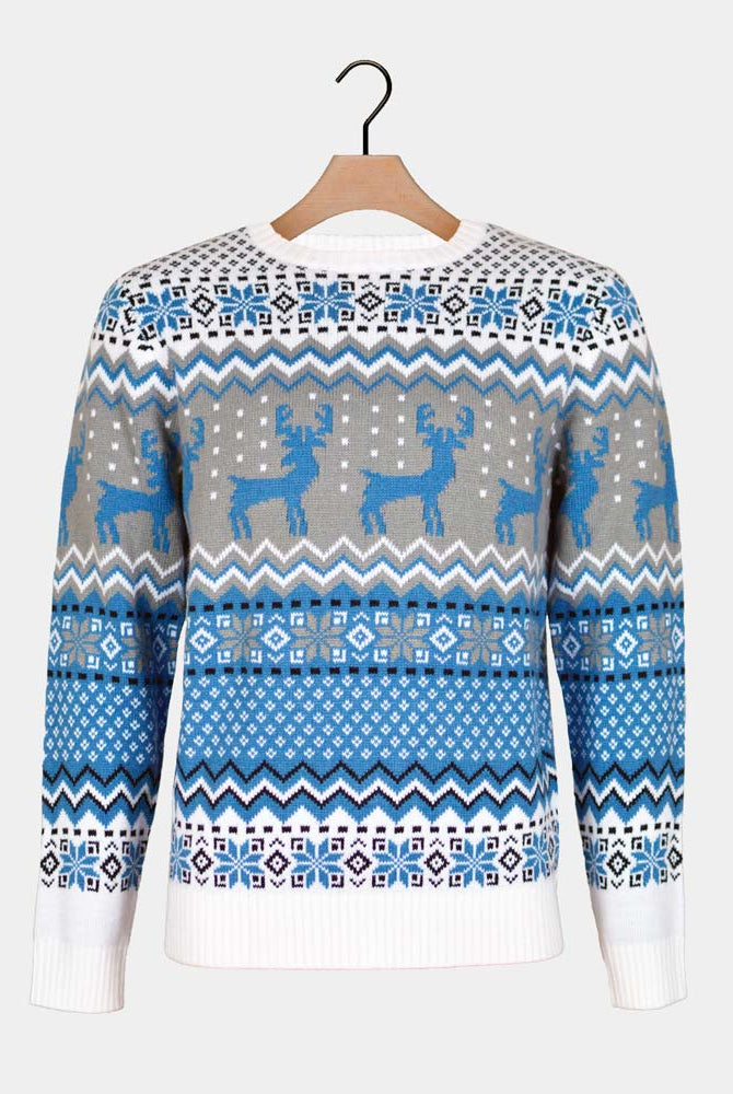 Pull de Noël Chic pour Couple Blanc, Gris et Bleu avec Rennes