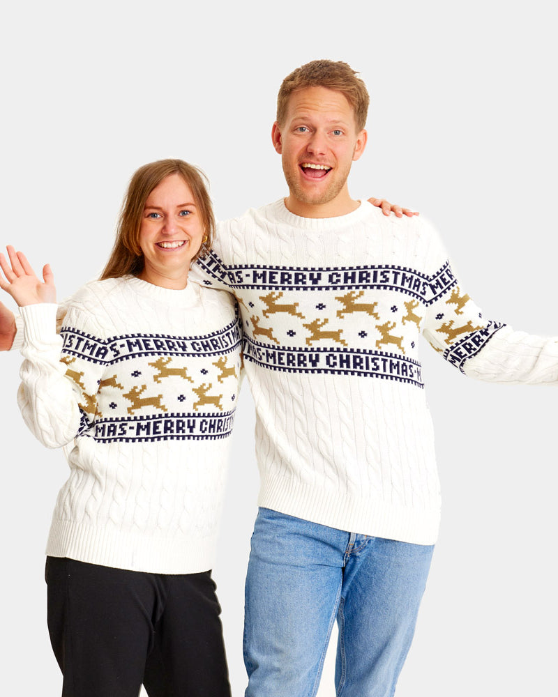 Pull de Noël Chic pour Couple Blanc avec Rennes Coton Bio