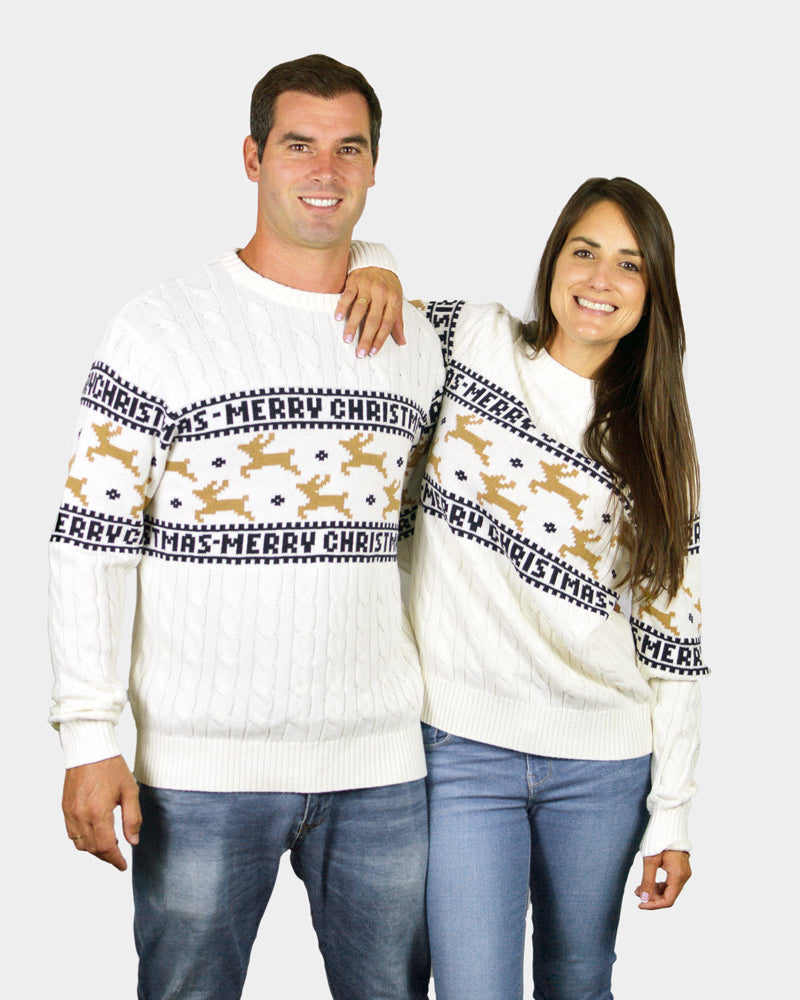 Pull de Noël Chic Blanc avec Rennes Coton Bio Couple