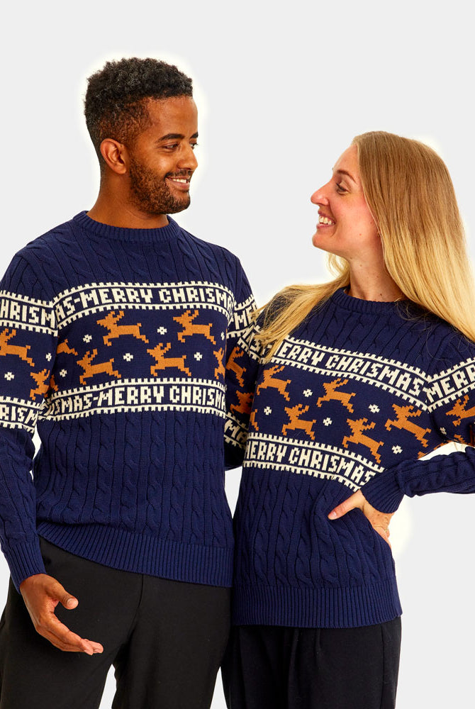 Pull de Noël Chic Bleu avec Rennes Coton Bio Couple