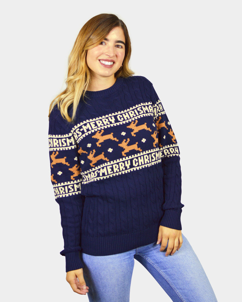 Pull de Noël Chic pour Couple Bleu avec Rennes Coton Bio femme