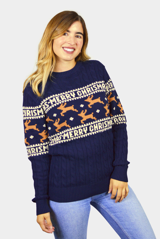 Pull de Noël Chic pour Couple Bleu avec Rennes Coton Bio femme