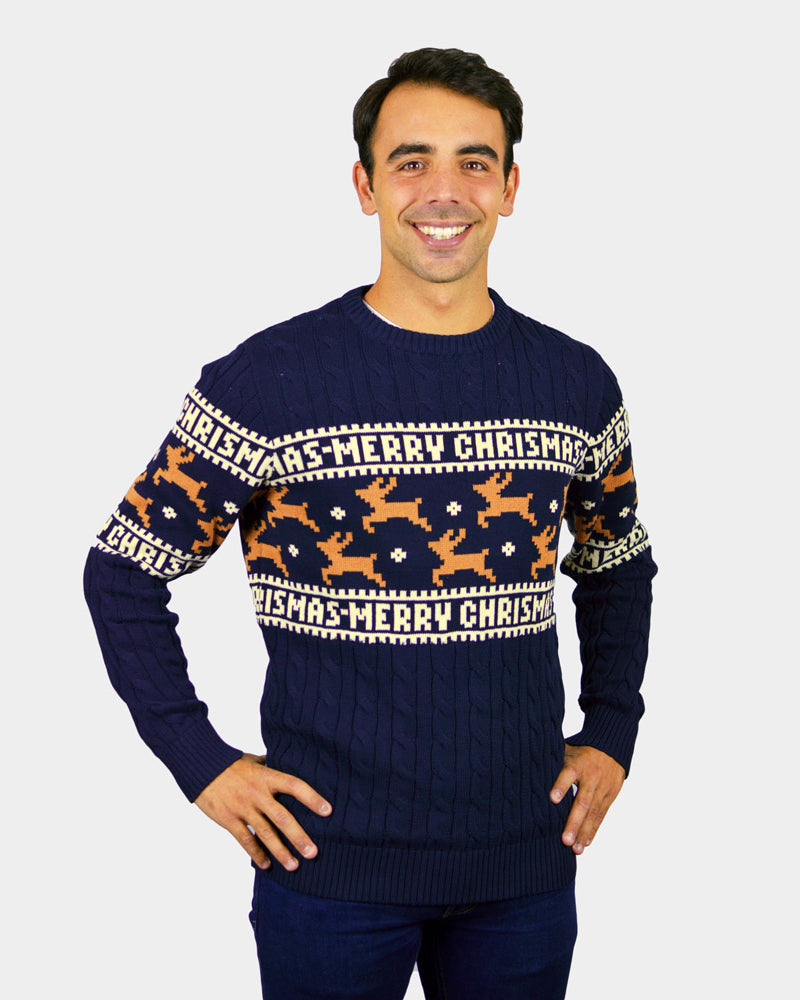 Pull de Noël Chic pour Couple Bleu avec Rennes Coton Bio homme