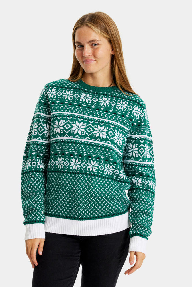 Pull de Noël Chic pour Couple Classique Vert et Blanc femme