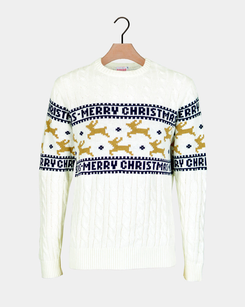 Pull de Noël Chic pour Famille avec Rennes Coton Bio Blanc