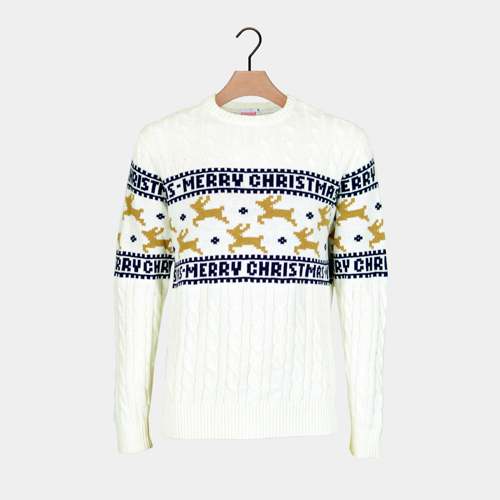 Pull de Noël Chic pour Famille avec Rennes Coton Bio Blanc