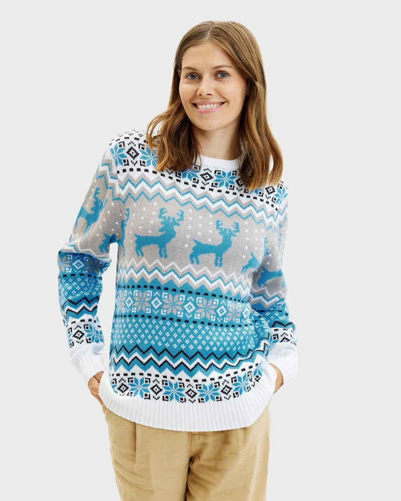 Pull de Noël Chic Femme Couple Blanc, Gris et Bleu avec Rennes