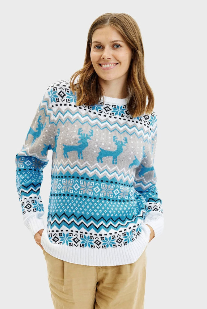 Pull de Noël Chic Femme Couple Blanc, Gris et Bleu avec Rennes
