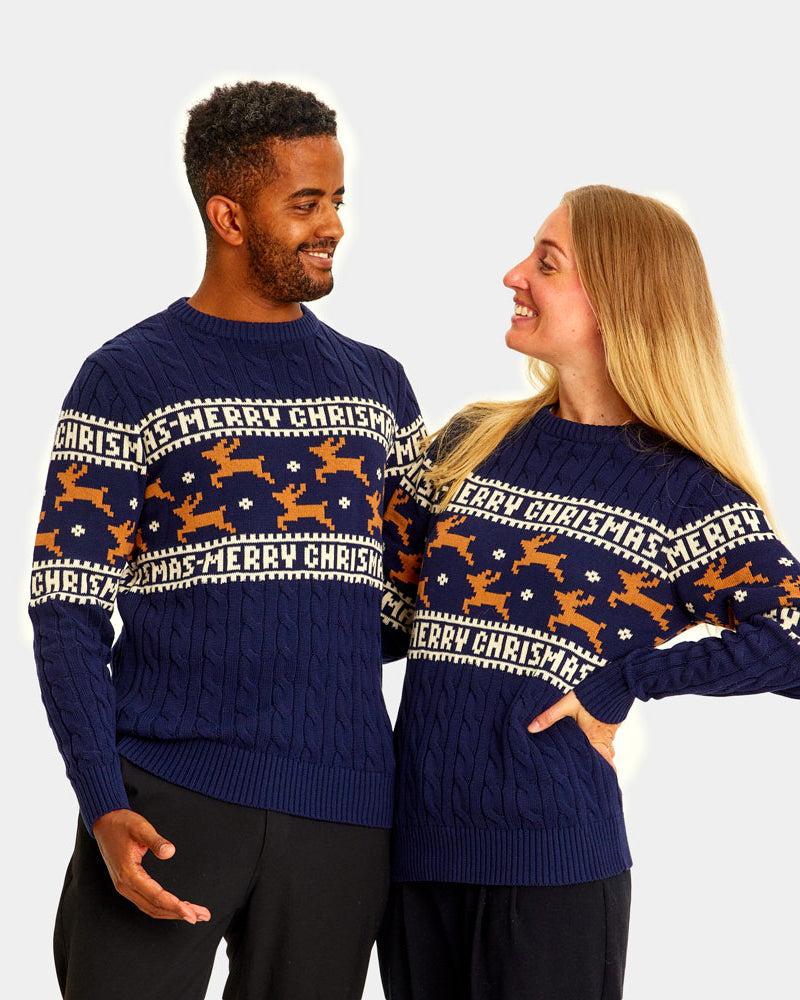 Pull de Noël Chic Homme Femme Bleu avec Rennes Coton Bio