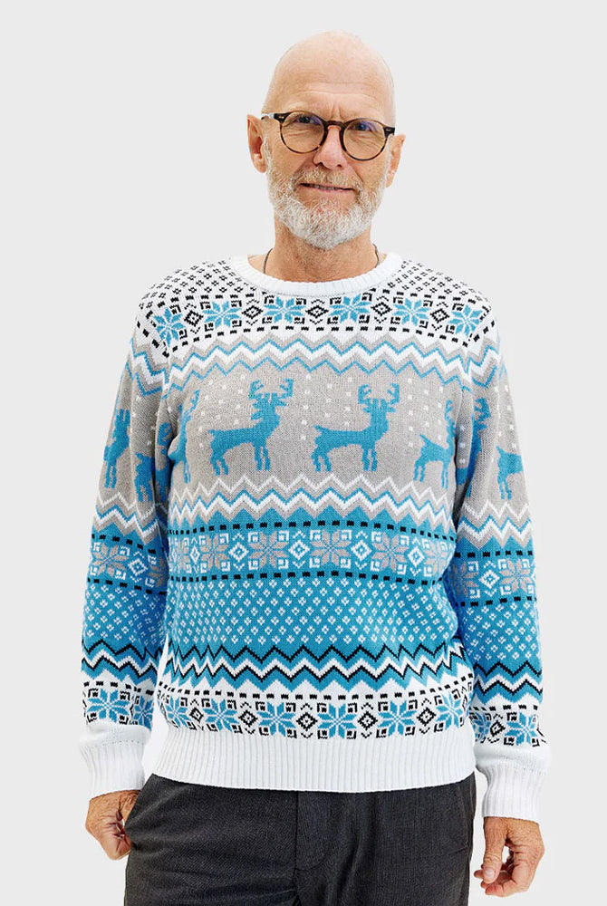 Pull de Noël Chic Homme Blanc, Gris et Bleu avec Rennes