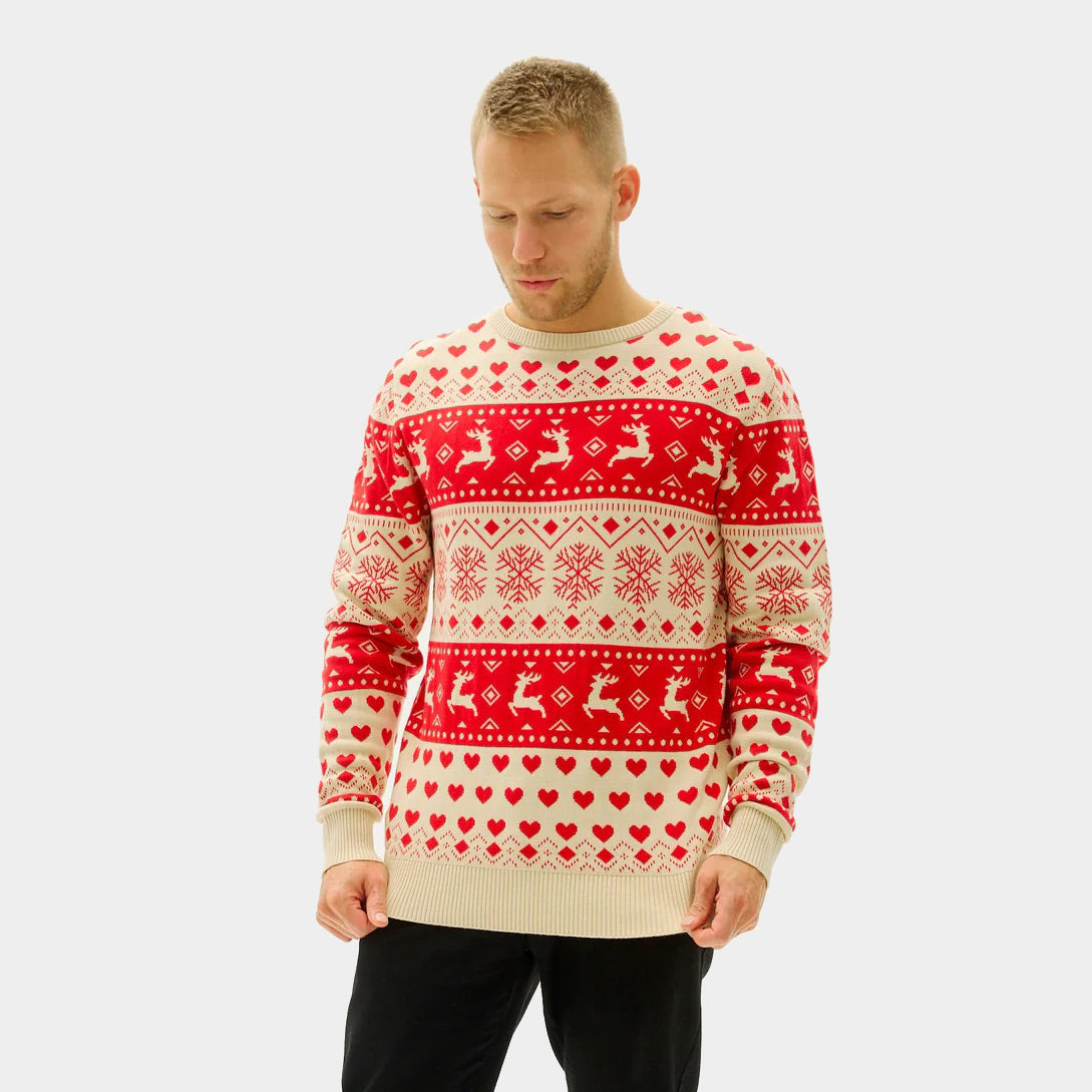 Coton Bio Pull de Noël pour Homme avec Cœurs Rouges et Beige