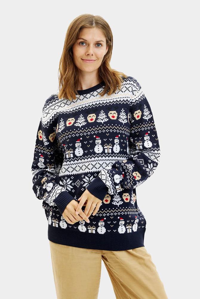 Pull de Noël pour Couple Bleu Bonhommes de Neige et Sapins Femme