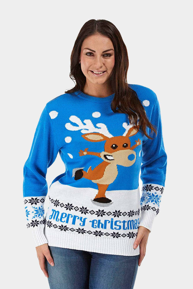 Pull de Noël pour Couple Bleu Ciel avec Renne Patinant femme