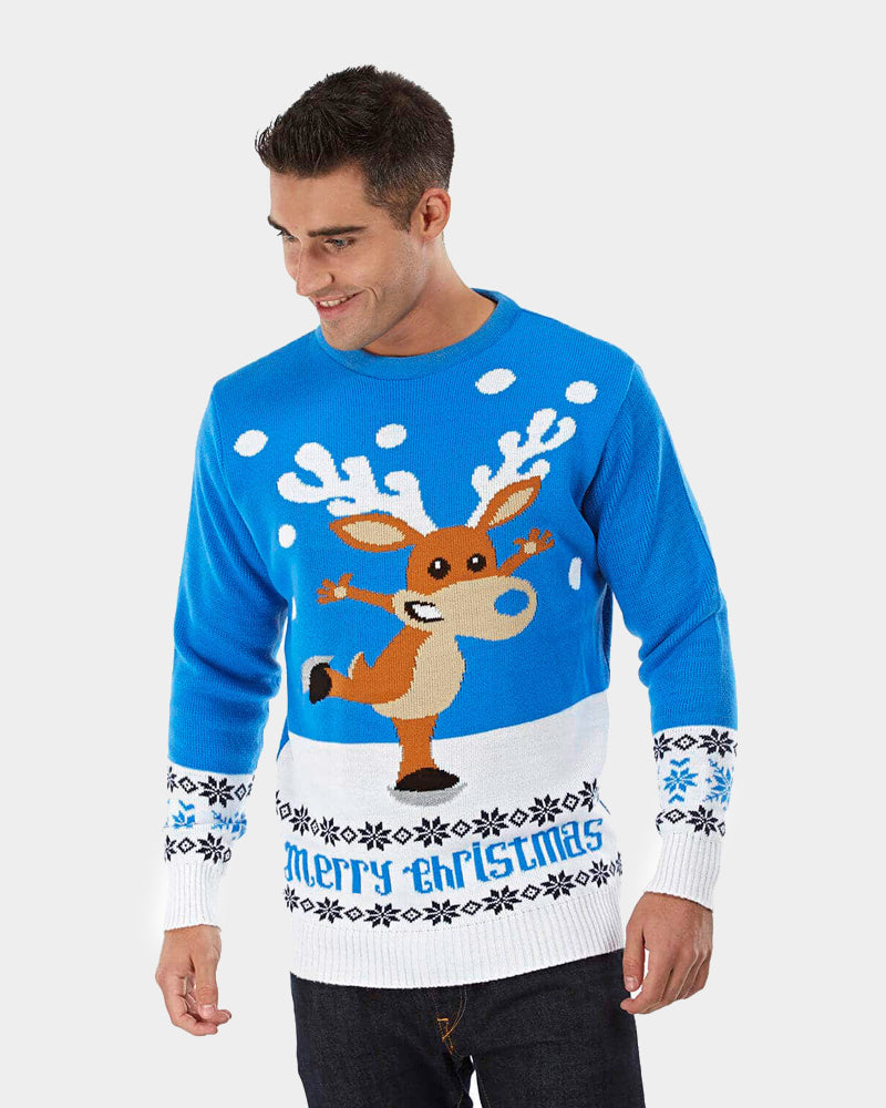 Pull de Noël pour Couple Bleu Ciel avec Renne Patinant homme