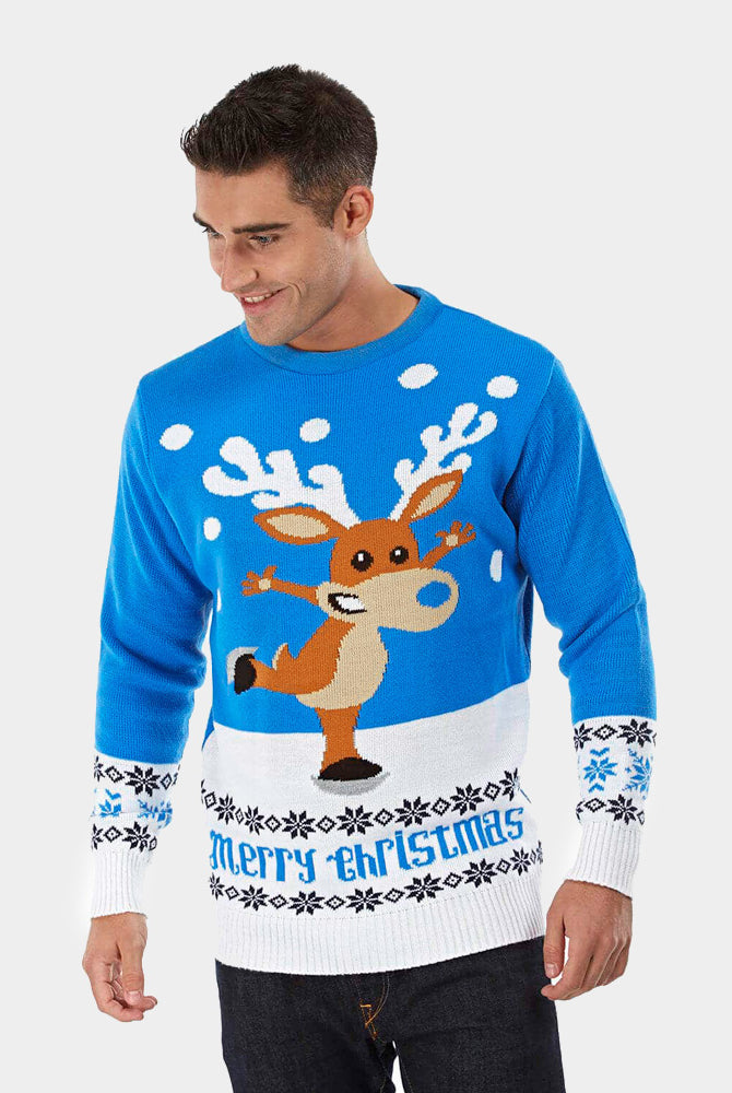 Pull de Noël pour Couple Bleu Ciel avec Renne Patinant homme