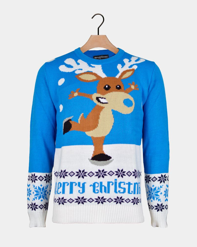 Pull de Noël pour Couple Bleu Ciel avec Renne Patinant