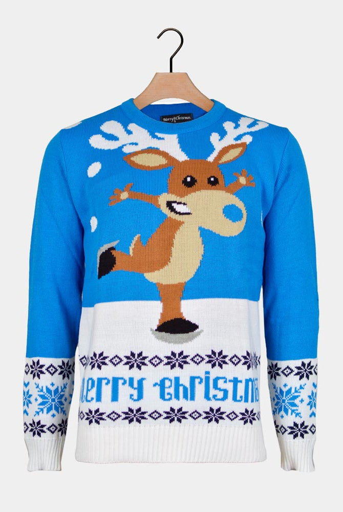 Pull de Noël pour Couple Bleu Ciel avec Renne Patinant