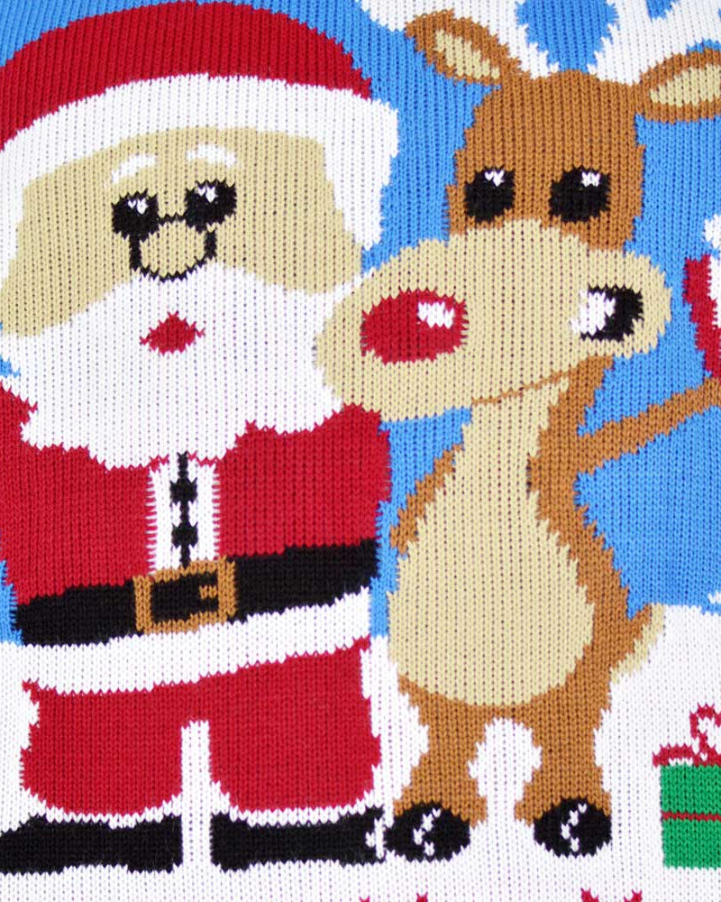 Pull de Noël pour Couple Bleu Ciel avec Rudolph le Renne et Père Noël detail