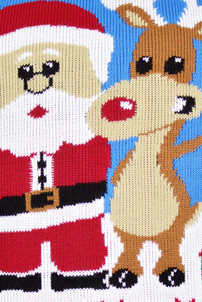 Pull de Noël pour Couple Bleu Ciel avec Rudolph le Renne et Père Noël detail