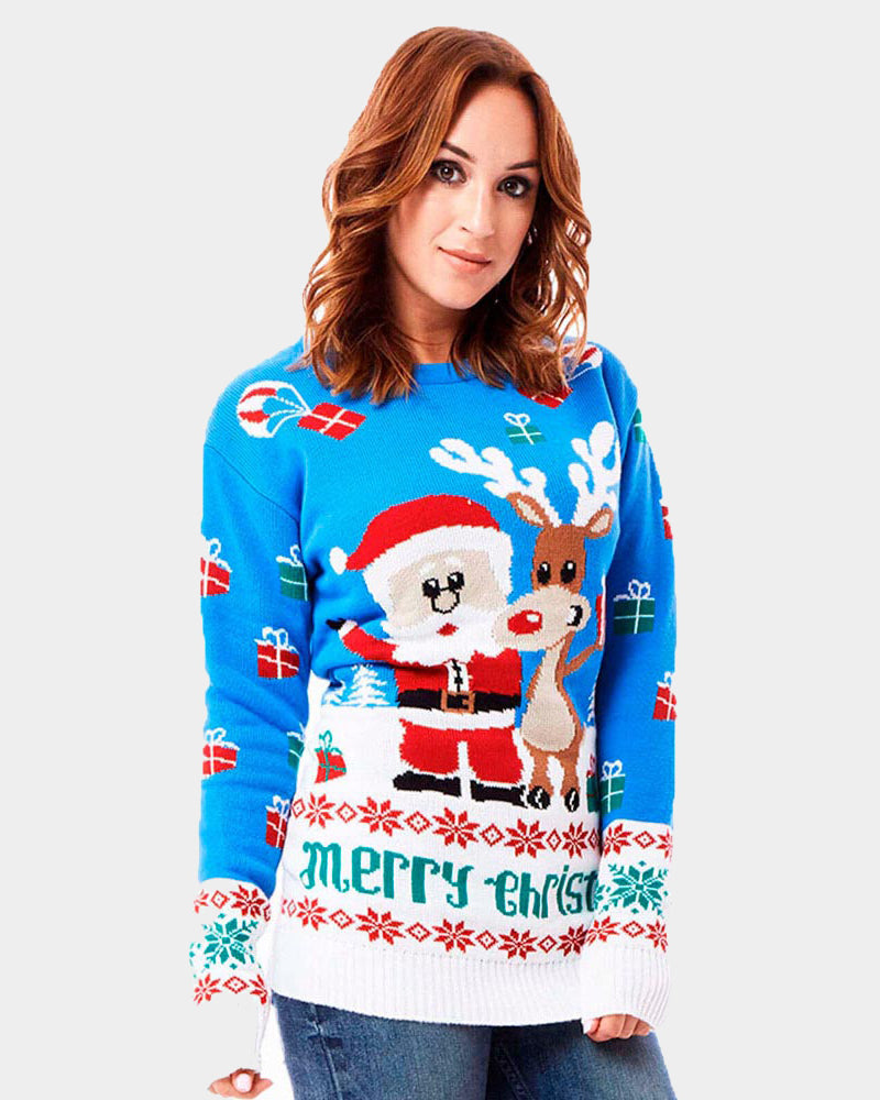 Pull de Noël pour Couple Bleu Ciel avec Rudolph le Renne et Père Noël femme