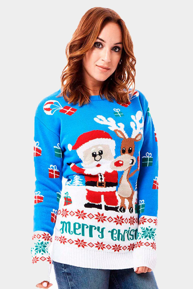 Pull de Noël pour Couple Bleu Ciel avec Rudolph le Renne et Père Noël femme