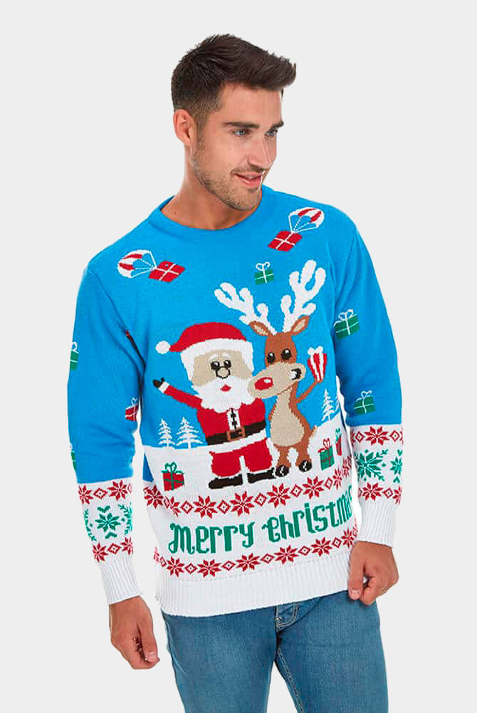 Pull de Noël pour Couple Bleu Ciel avec Rudolph le Renne et Père Noël homme