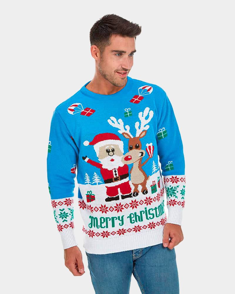 Pull de Noël pour Couple Bleu Ciel avec Rudolph le Renne et Père Noël homme