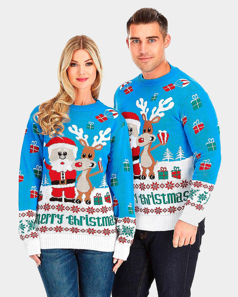 Pull de Noël pour Couple Bleu Ciel avec Rudolph le Renne et Père Noël