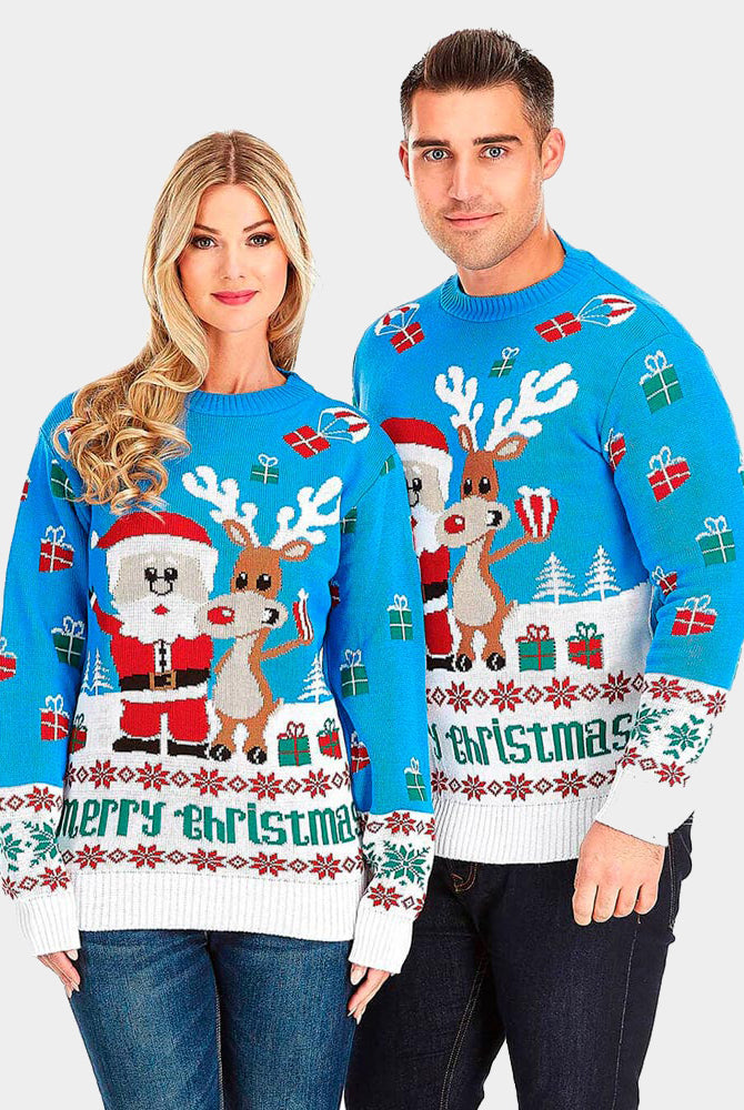 Pull de Noël pour Couple Bleu Ciel avec Rudolph le Renne et Père Noël