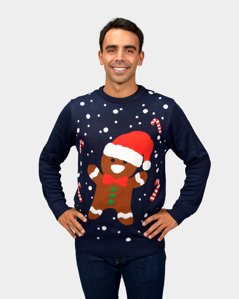 Pull de Noël Homme Couple Bleu Gingerbread