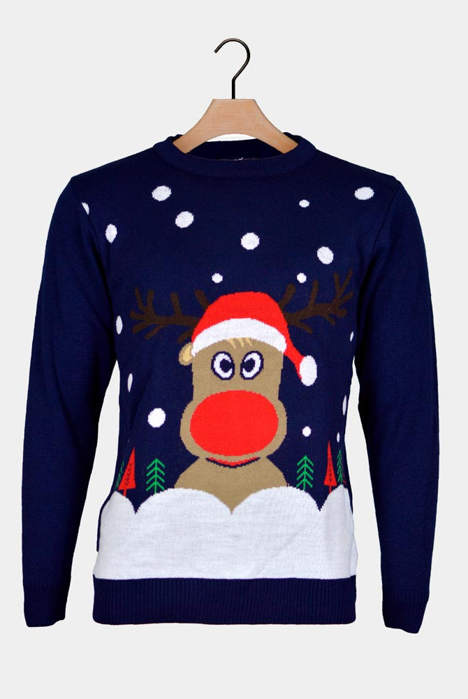 Pull de Noël pour Couple Bleu Marine avec Renne du Père Noël