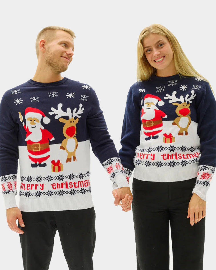 Pull de Noël pour Couple Bleu Père Noël et Rudolph le Renne Coton Bio