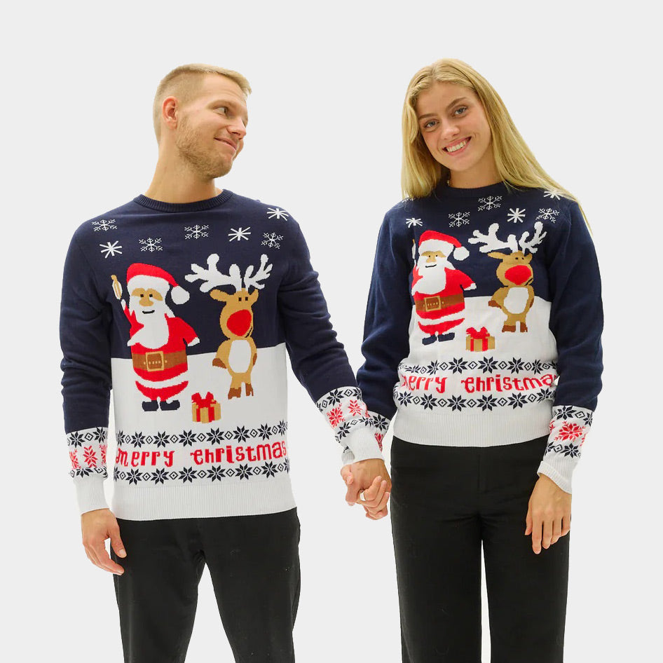 Pull de Noël pour Couple Bleu Père Noël et Rudolph le Renne Coton Bio