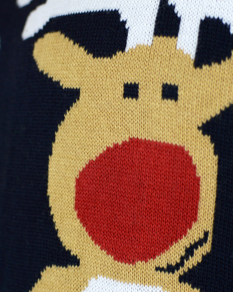 Pull de Noël pour Couple Bleu Père Noël et Rudolph le Renne detail