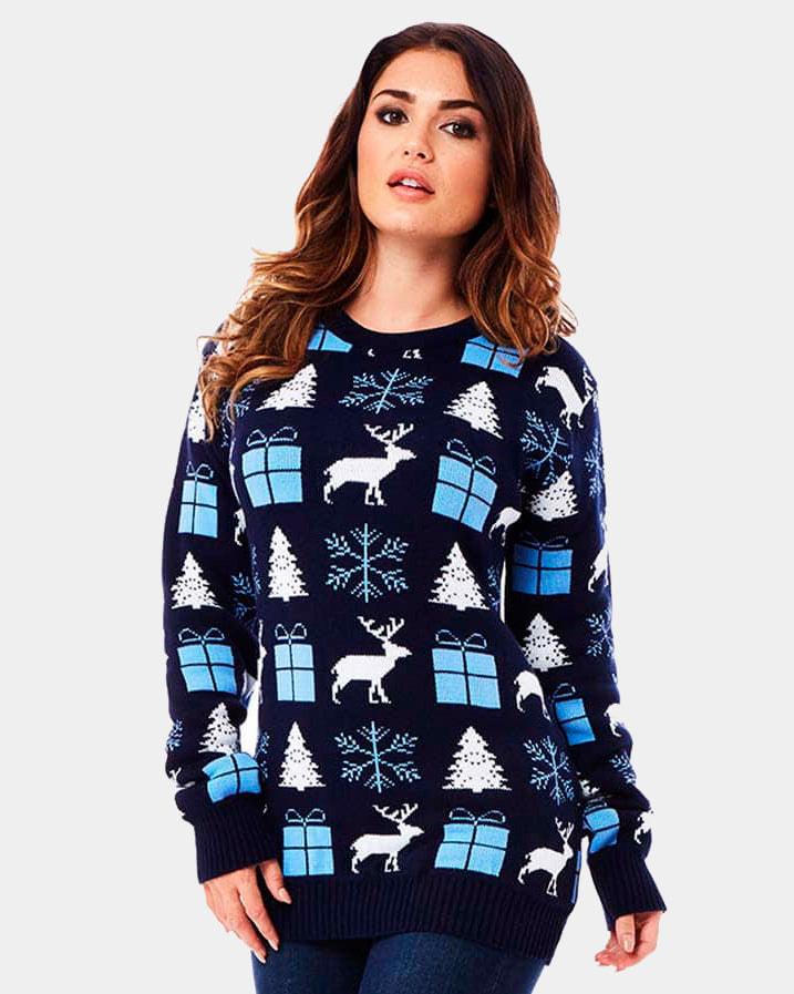 Pull de Noël pour Couple Bleu avec Rennes, Cadeaux et Sapins femme